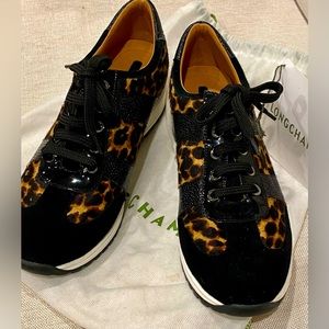 Longchamp tennis shoe hair calf & patent leather black tan size 41 NEW